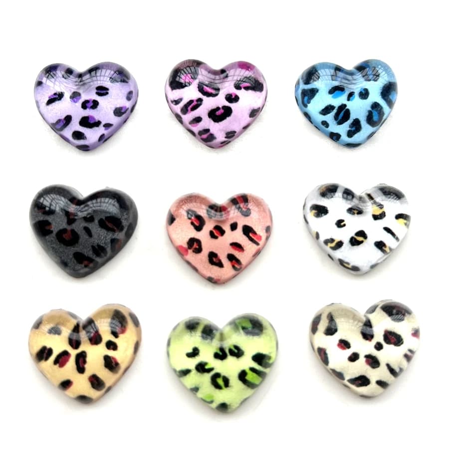 Scrapbook con retro piatto in strass acrilico a forma di cuore con stampa leopardata da 10 pezzi, adatto per la produzione di gioielli con fermagli per capelli, decorazioni fai da te