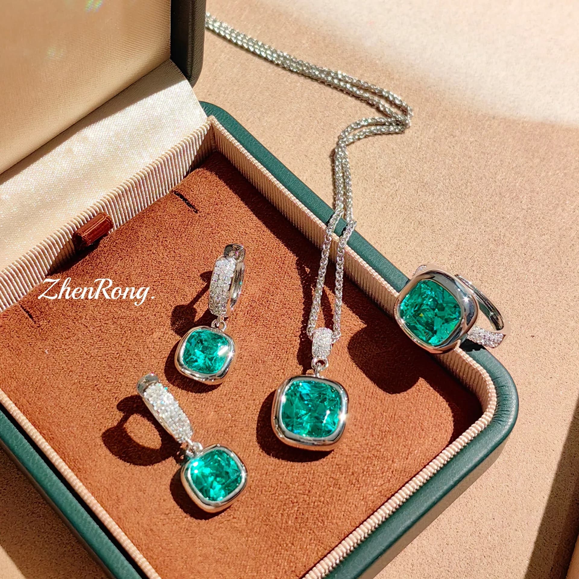 S925 sterling silver ring necklace earrings light luxury small square earrings sugar cube sea blue pendant rose red woman