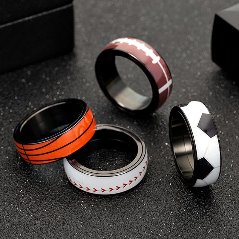 Anello Antistress da Uomo Girevole in Acciaio Inossidabile, Anelli Fidget Spinner con Tema Basket e Calcio, Gioielli Antistress Rotanti
