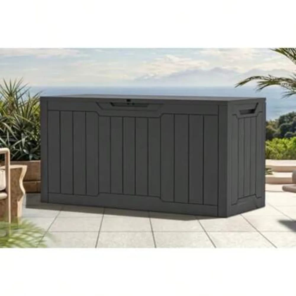 80 Gallon Waterproof Deck Box Lockable Resin Outdoor Storage Chest Wood Grain Texture for Patio Cushions Garden Tools Pool Supplies Sports Indoor Use 30.7 x 19.7 x 22.8 Inches
