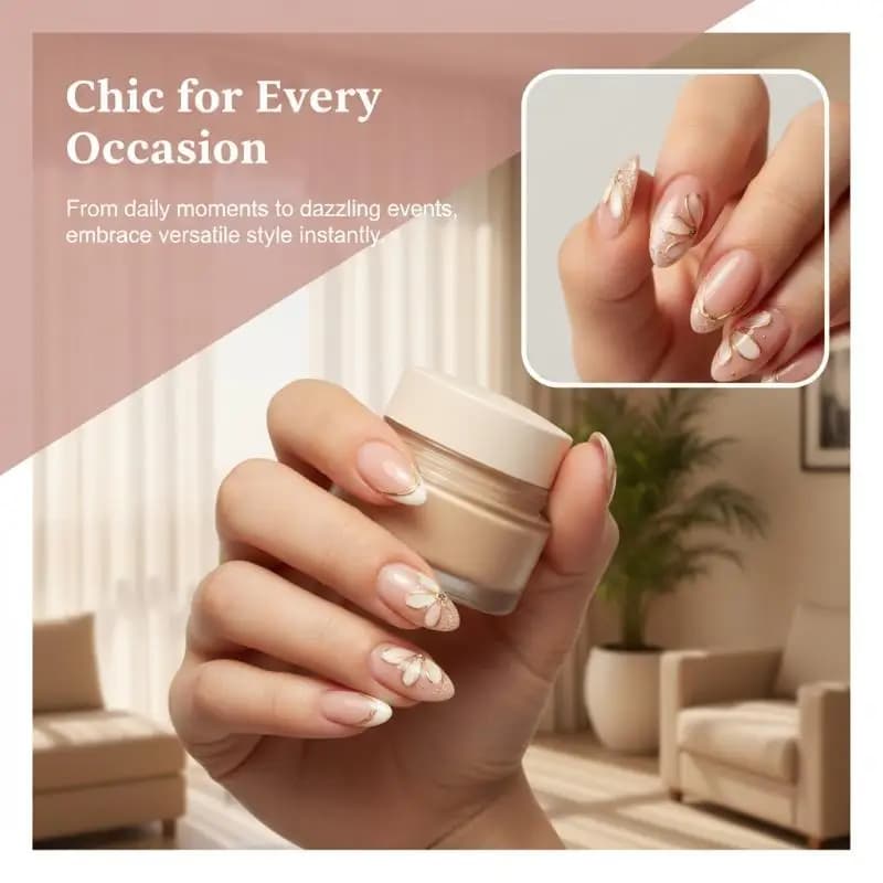 French style nail patch with 3D flowers and golden lines, reusable fake nails for women, DIY manicure accessories