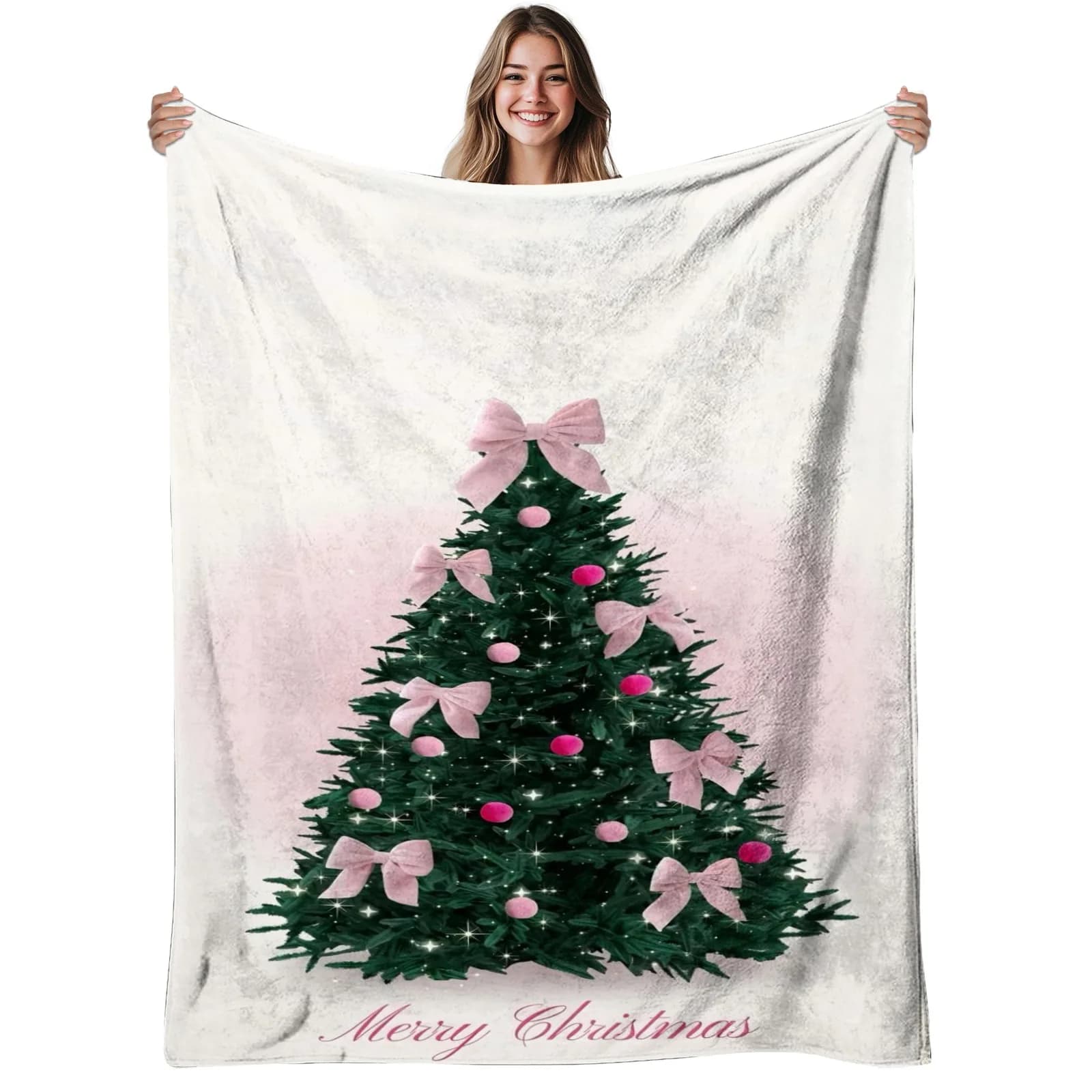 1pc Christmas Tree Flannel Blanket - Soft & Warm 280gsm All-Season Cozy Throw with Elegant Pink & Green Holiday Design, Snowflak