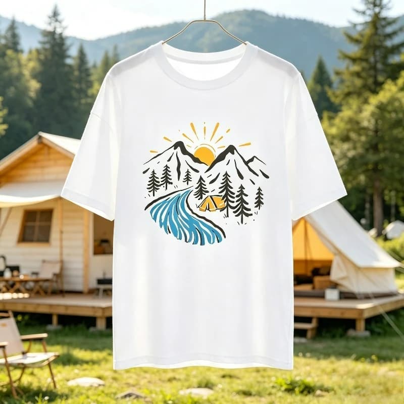 “Adventure Awaits” Mountain Sun River Pine Tent Graphic Tee Modal Loose Crewneck For Camping Hiking Outdoor wild trek Women