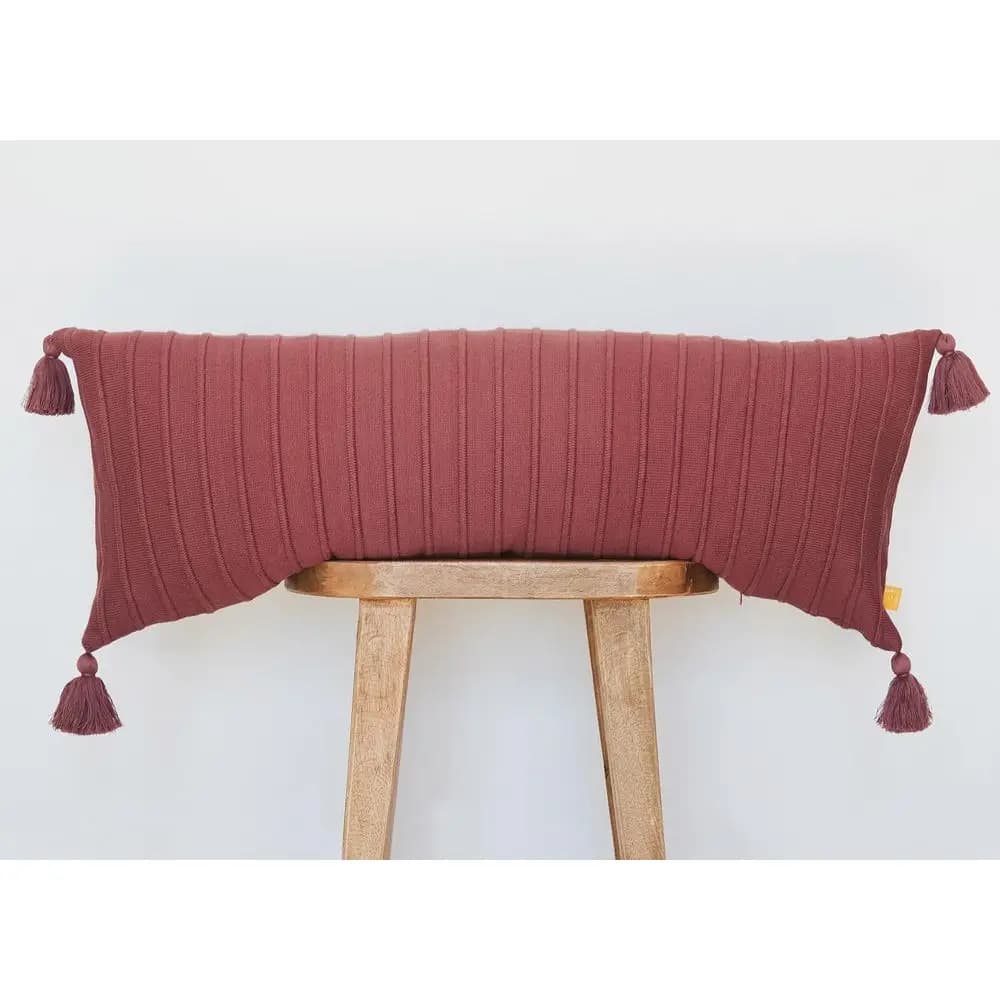 Fodera per cuscino lombare extra lunga in cotone a coste stile boho con nappe - Bordeaux e Vino Vintage