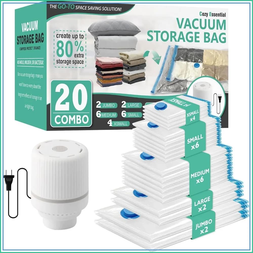 20 Pack Vacuum Storage Bags with Electric Pump, Space Saver for Clothes, Pillows, Blankets
