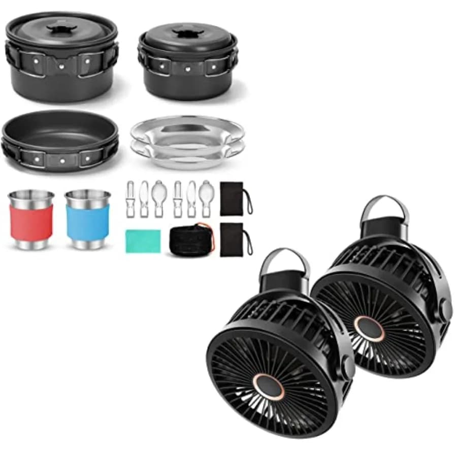 Set da 15 Pezzi per Cucina da Campeggio e 2 Ventilatori Portatili Ricaricabili da 10000mAh con Gancio per Tenda