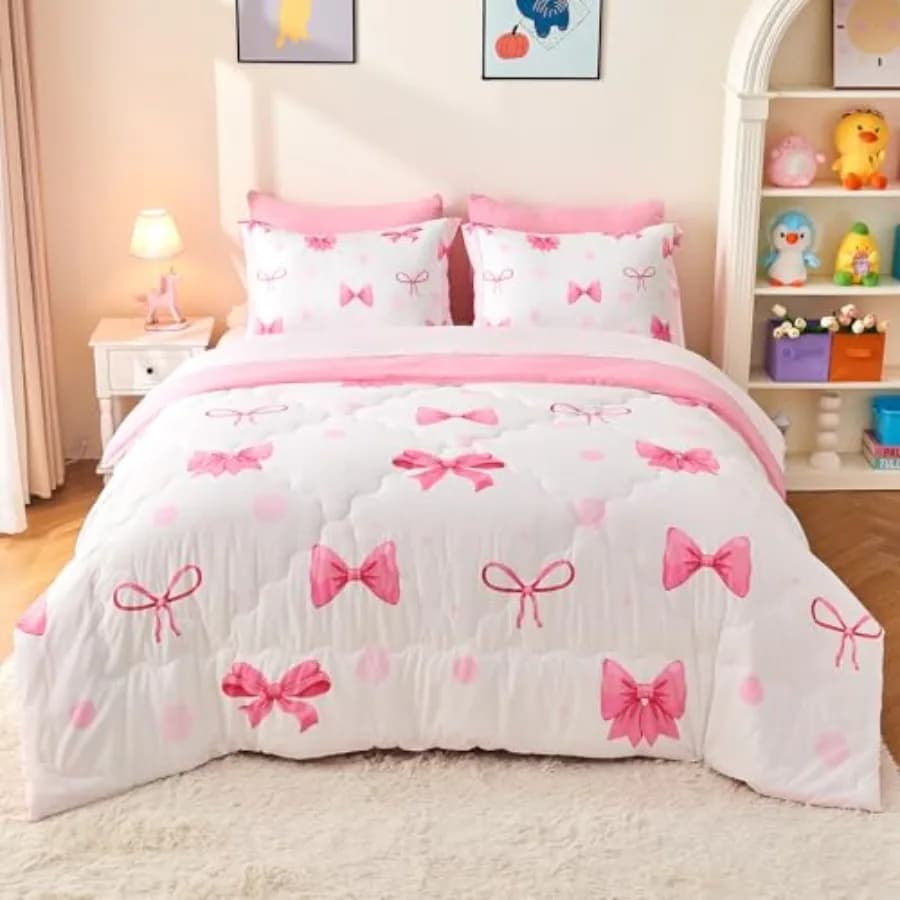 Set di biancheria da letto rosa da 7 pezzi per ragazze, set piumino con lenzuolo e 2 federe, 2 federe decorative, grazioso set letto per ragazze in una borsa, come regalo di compleanno