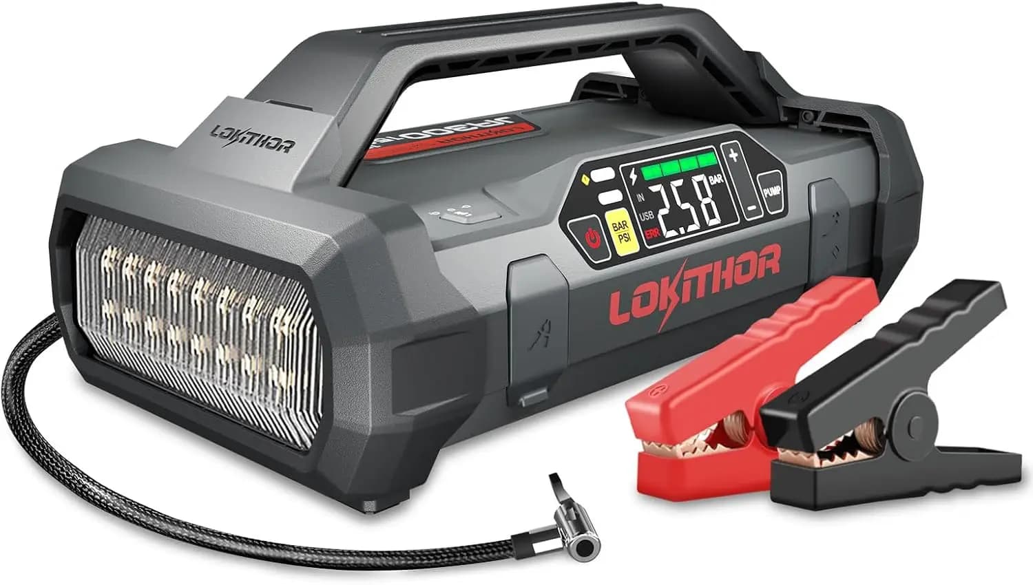 Avviatore di Emergenza 1500A e Compressore d'Aria, Gonfiatore Pneumatici 150 PSI, Booster per Batteria Auto 12V per Motori a Benzina 7.0L/Diesel 4.5L