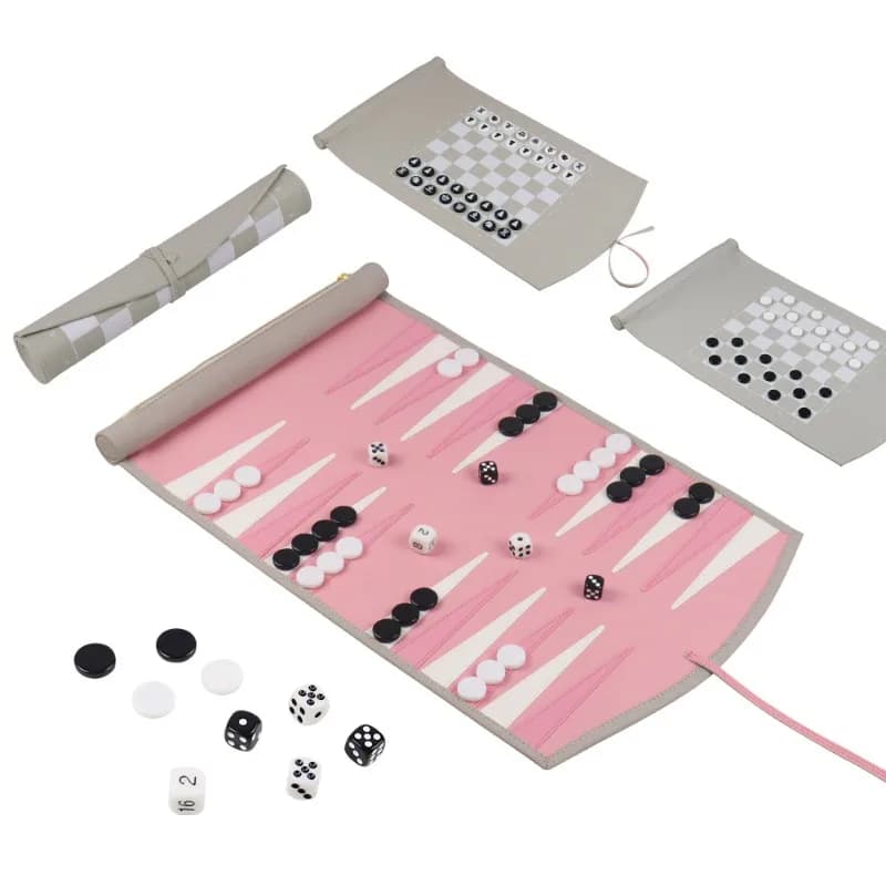 Portable Rollable Leather Game Mat 3-in-1 Chess Backgammon Draughts Travel Foldable Multi Game Kit Holiday Gift