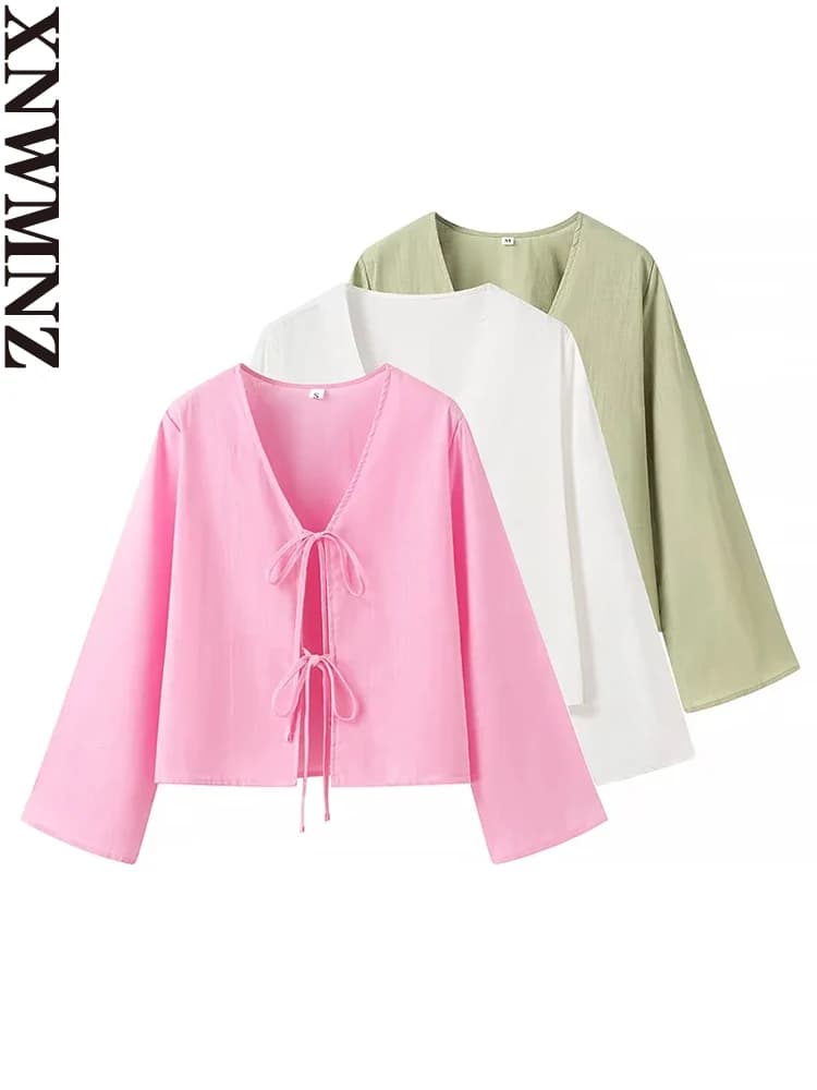 XNWMNZ 2024 Camicia da donna con cravatta alla moda da donna High Street con scollo a V a maniche lunghe Casual Versatile Top femminile chic
