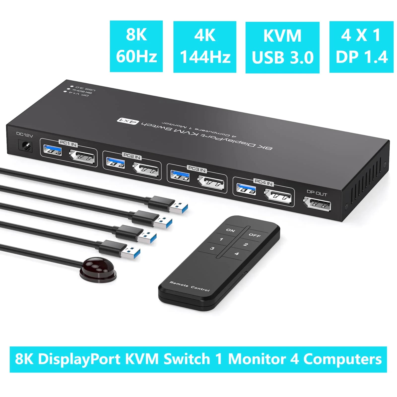 2026 NEW KVM Switch DisplayPort 8K 1 Monitor 4 Computer 4K 144Hz 4x1 DP USB 3.0 for Keyboard and Mouse Sharing between 4 PCs KCEVE