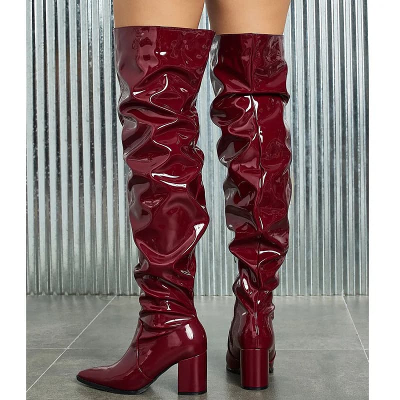 Eilyken New Design Pleated Pointed Toe Over-the-Knee Boots Women Zipper Square Heels Shoes Punk Style Thigh Long Booties