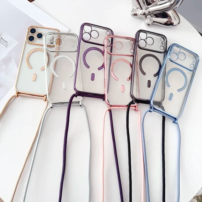 Custodia per telefono con cordino magnetico Crossboby per iPhone 17 16 15 14 13 Pro Max per Magsafe Custodia con cinturino in corda morbida con placcatura trasparente