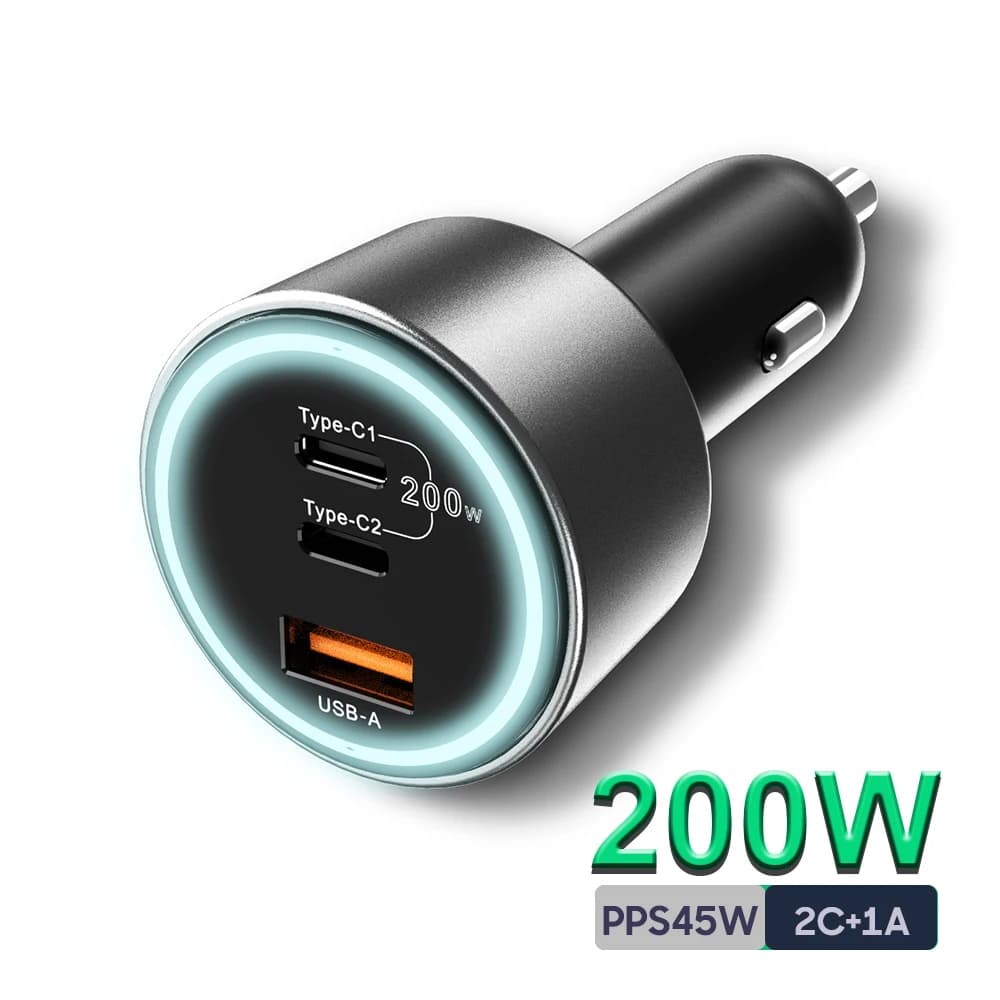 Caricabatteria da auto USB C da 200 W PD 100 W Tipo-C Caricabatteria da auto QC5 PPS 45 W Ricarica super veloce per laptop MacBook Pro iPhone 15 Samsung S22