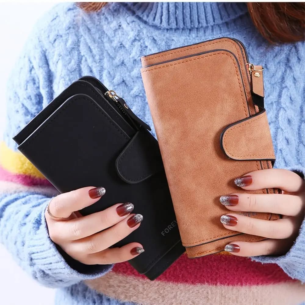 Card Holder Frosted Three Folding Wallet Handheld Zipper Credit Card Bag Phone Bag Long PU Leather Coin Purse Male