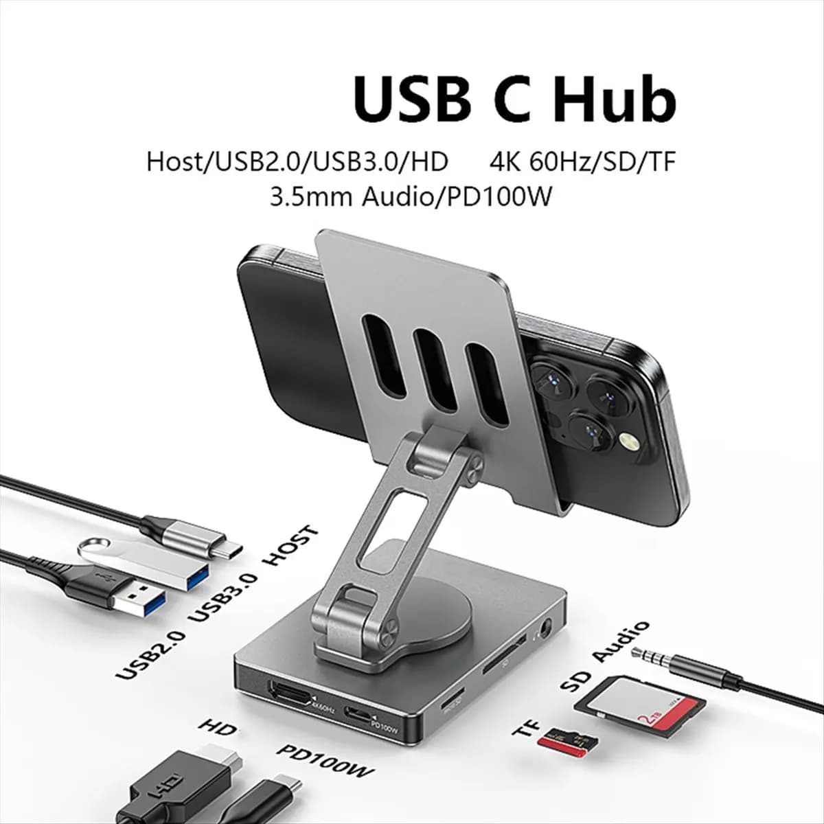 B21B USB C Foldable Docking Station with 360°Rotation 5Gbps,SD TF Reader,PD 100W Phone Hub Holder for /Switch