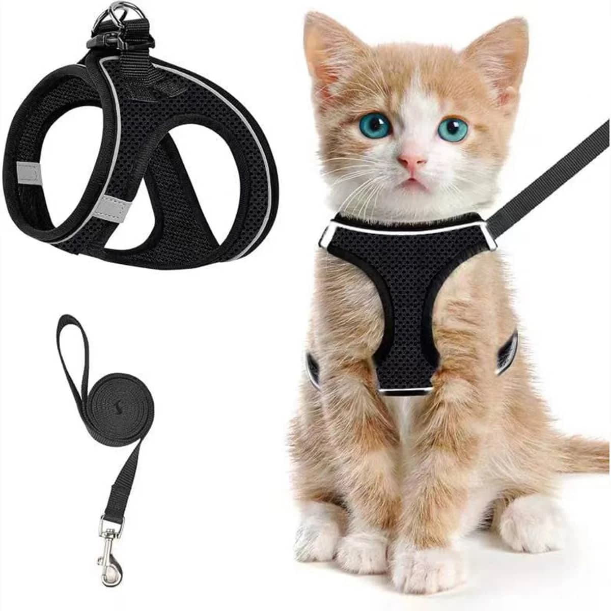 Set Guinzaglio e Pettorina Riflettente per Gatti, Regolabile, Anti-Fuga, Traspirante