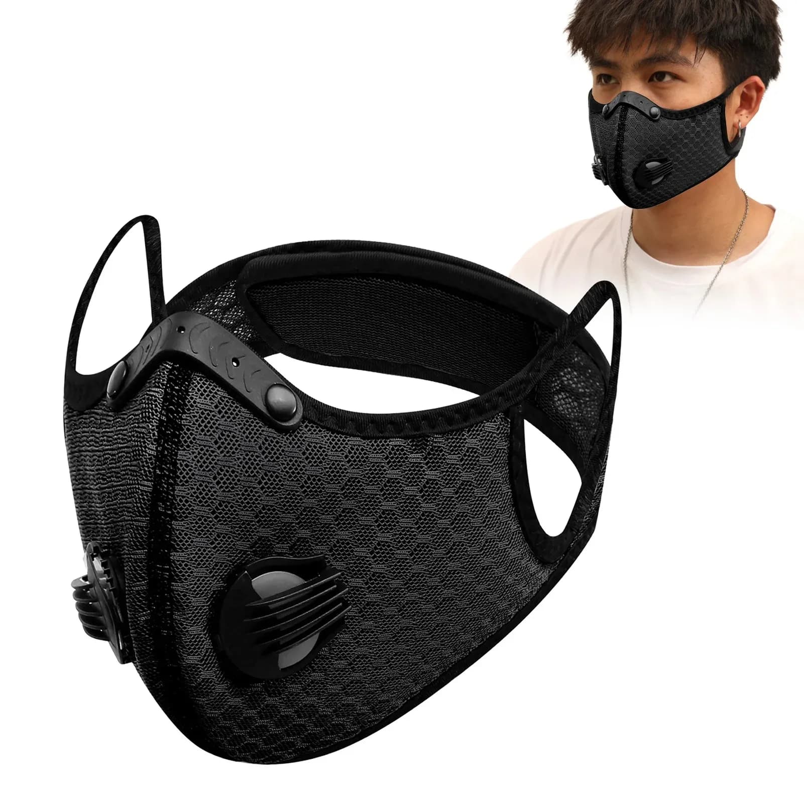 Maschera con valvola per la respirazione da 5 pezzi, maschera antinebbia, antipolvere, maschera con filtro PM2.5, maschera con carbone attivo, maschera per ciclismo all'aperto, per motociclismo