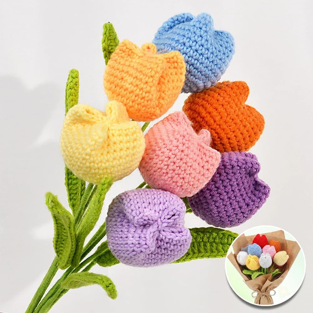 Regalo per la Festa della Mamma, Bouquet di Tulipani all'Uncinetto, Fiori Artificiali in Filato Lavorato a Maglia, Centrotavola, Decorazione per la Casa