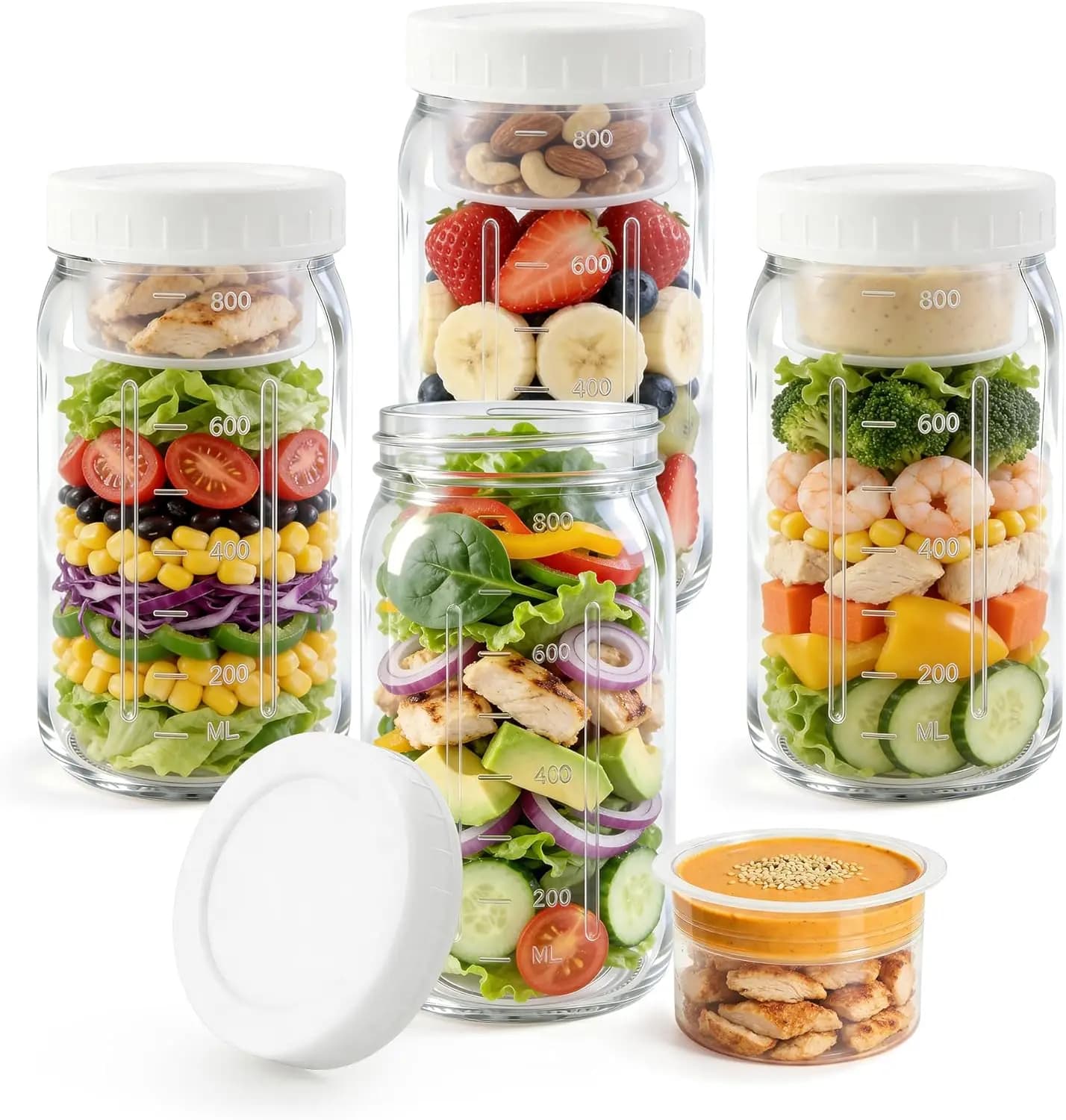 Set di 4 barattoli in vetro per insalata con coperchi, contenitori da 32oz a tenuta stagna per il pranzo | Presenta 2 scomparti integrati per oggetti bagnati/umidi