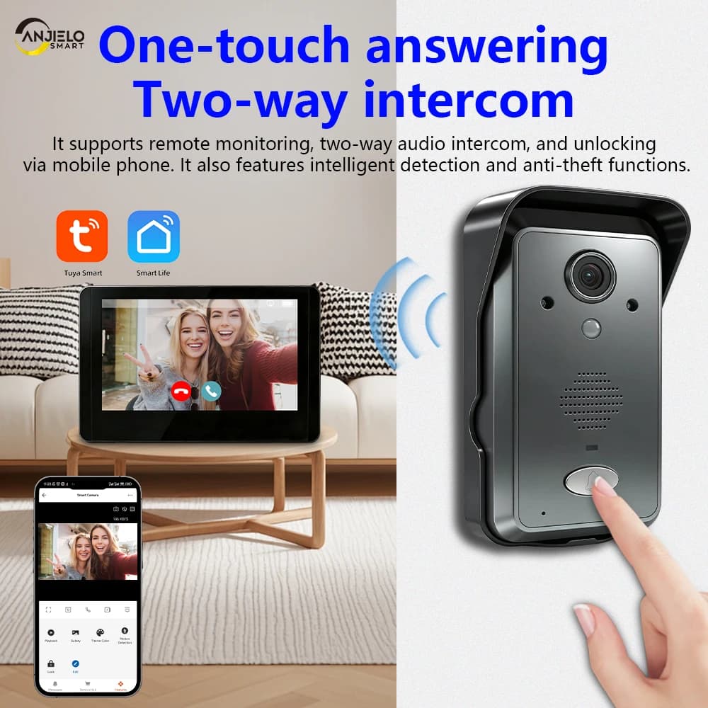 ANJIELO Videocitofono Wireless WiFi Halow con Touchscreen, Rilevamento Movimento a Lunga Distanza 300M, Senza Cavi, Sistema Intercom 1080P