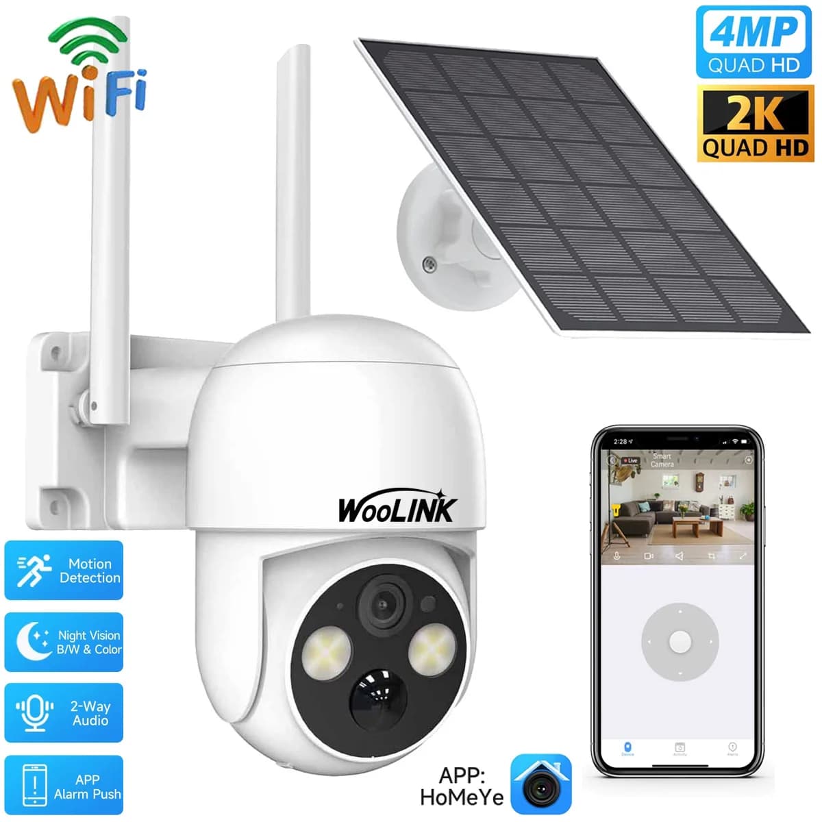 Telecamera PTZ WiFi esterna HD da 4 MP Telecamera di sorveglianza ad energia solare Batteria incorporata con pannello solare Protezione di sicurezza intelligente