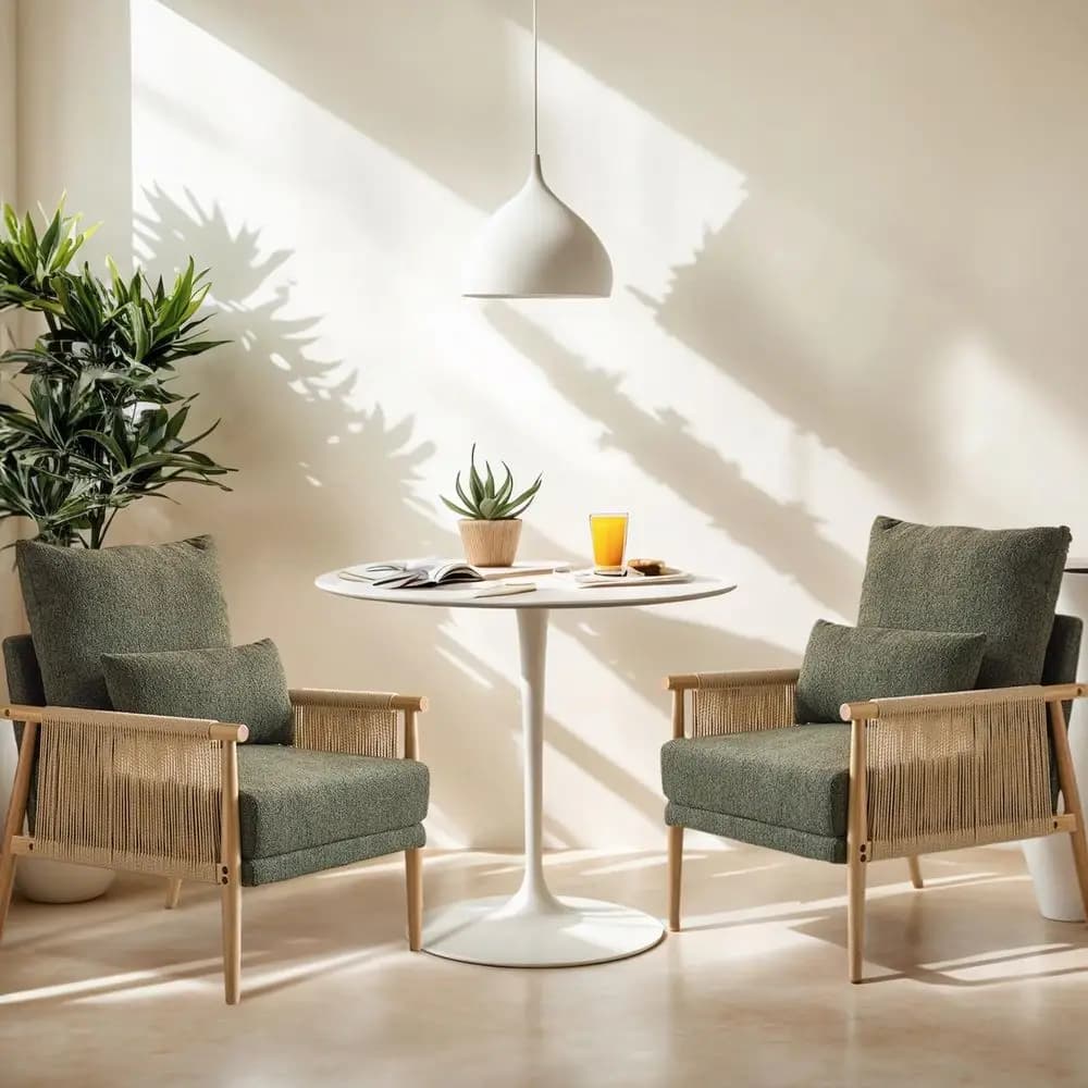 Set di 2 Poltrone Boho con Dettagli Intrecciati, Sedie Moderne Stile Mid-Century con Braccioli in Legno Massello, Comode Poltrone Lounge con Cuscini e Supporto Lombare