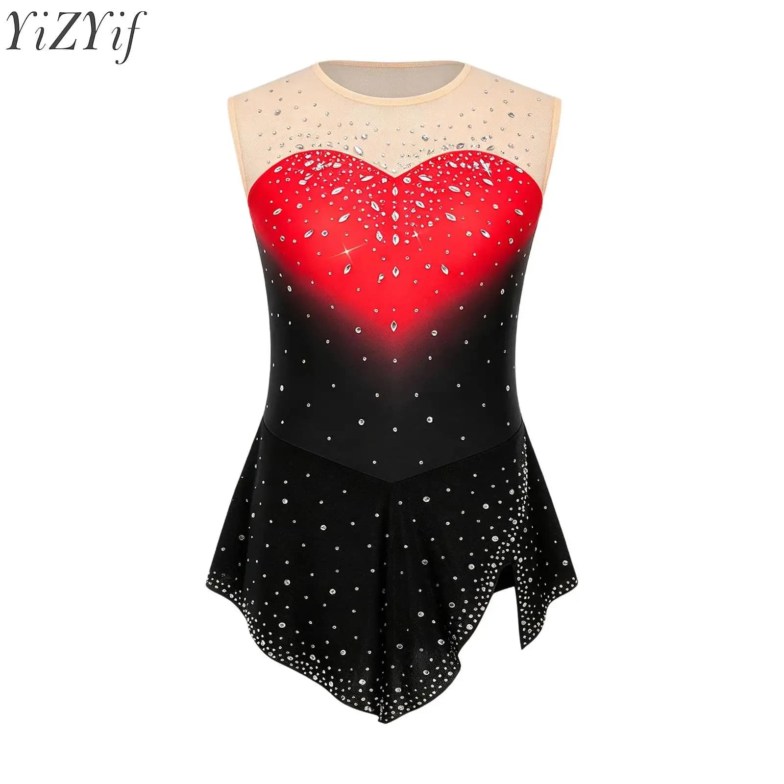 Kids Girls Ballet Leotard Dress Rhinestone Mesh Sleeveless Skirted Bodysuit for Modern Contemporary Dance and Figure Ice Skating