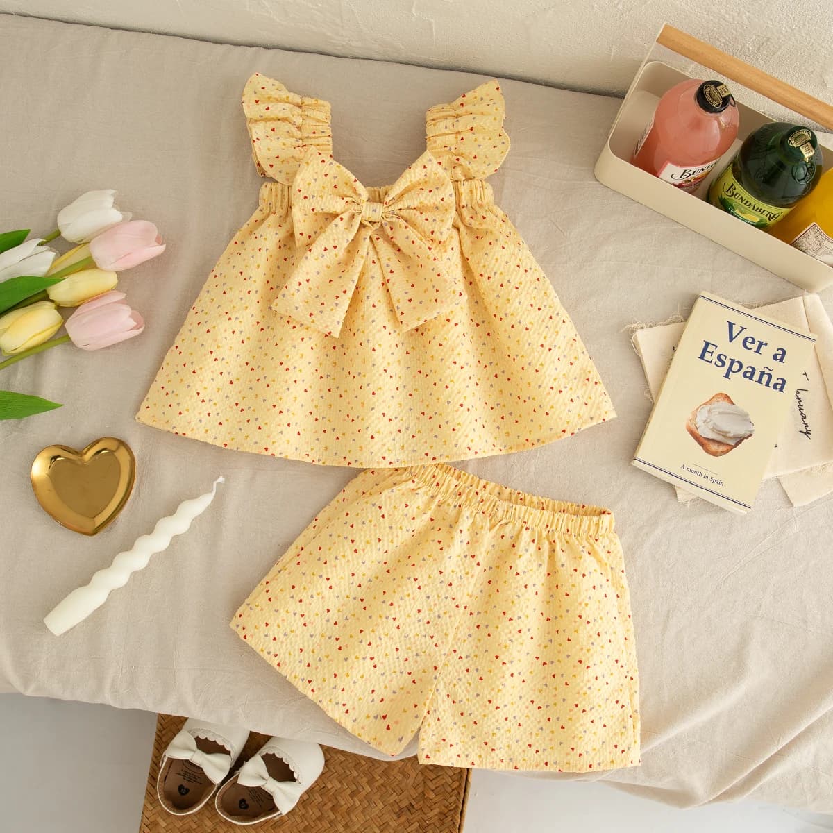 Sweet Love Bow Top+Shorts Baby Girl Two Piece Set, Summer New Children'S Clothing For Beach Parties (9 Months -3 Years Old)