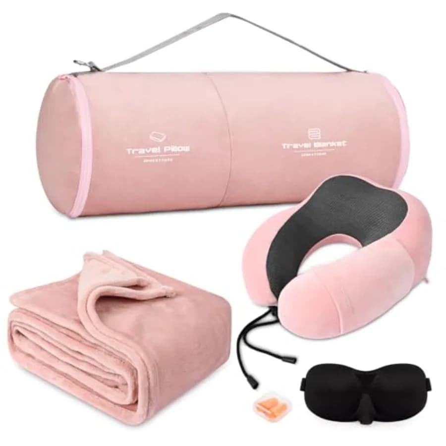 Set Cuscino e Coperta da Viaggio, Cuscini per il Collo, Essenziali da Viaggio con Mascherina per Dormire per Aereo e Auto, in Memory Foam, Rosa