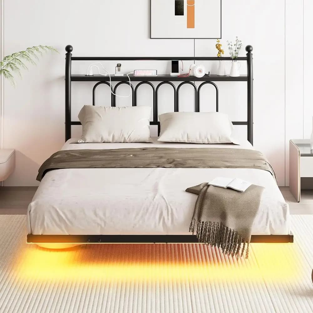 Floating double bed with USB charging station, bed with wooden panel and LED lights, metal platform bed, standard size, no spring network.