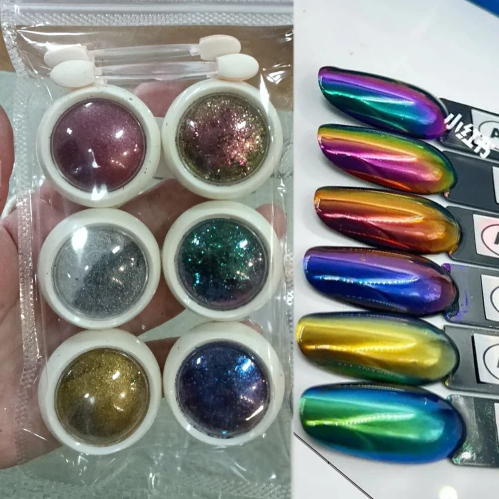 6 barattolo/set camaleonte cromo set di polvere per unghie 6 colori iridescente camaleonte effetto unghie opale polvere per unghie manicure fai da te glitter polveri
