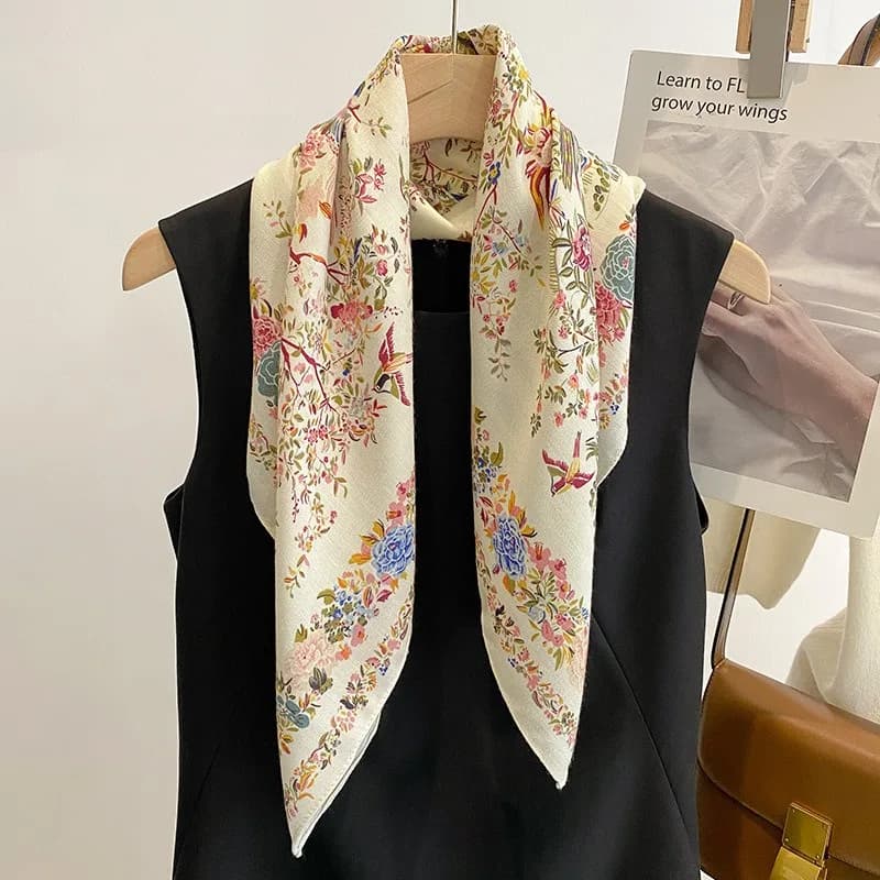 70x70 cm Simple Elegance Floral Print Bird Silk Scarf Lirico Style Korean Countryside Flower Solar Protection Warm Slide