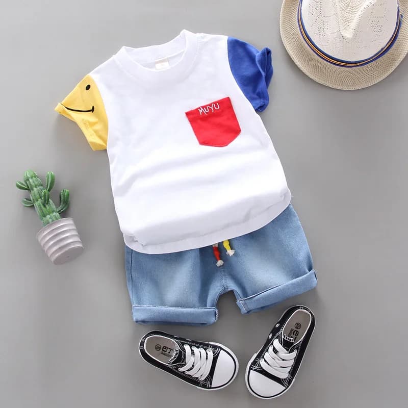 Korean Version Baby Short-Sleeved Clothing Suits Summer Cotton Children's T-Shirt + Denim Shorts Sets Handsome