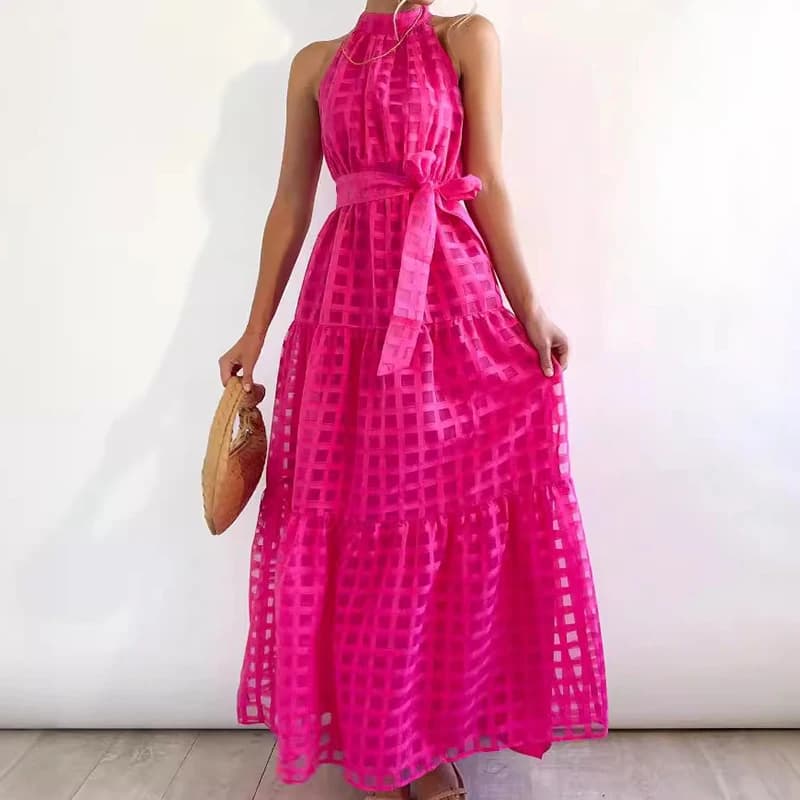 Women's Long Dress Halter Sleeveless With Belt Elegant Grid Dresses Summer Vintage Casual Beach Dress 2024