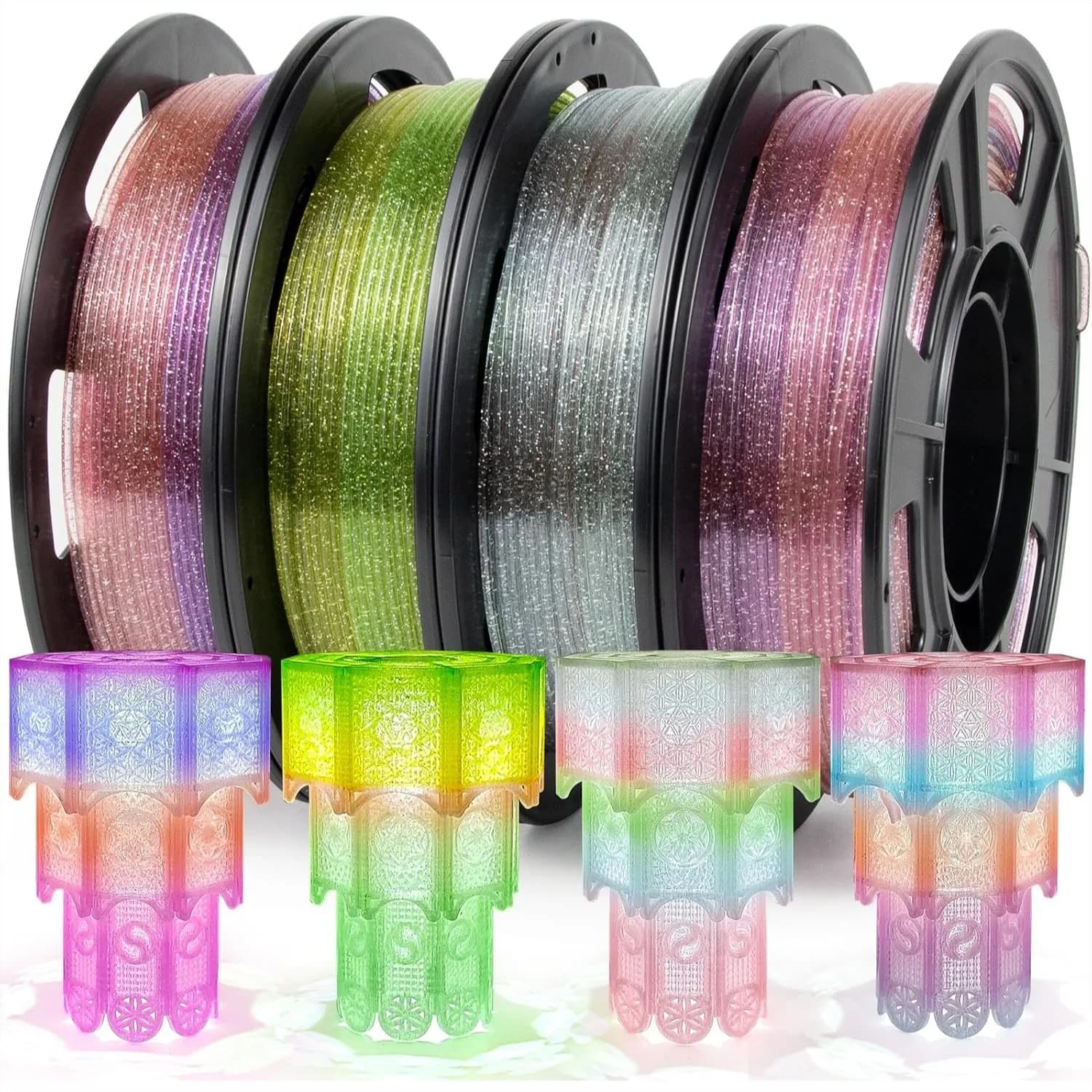 Filamento PETG Trasparente Sfumato 1.75mm, Pacchetto Filamento per Stampante 3D con Glitter Trasparente, Arcobaleno Vivace con Precisione di ±0.02mm, 250g×4