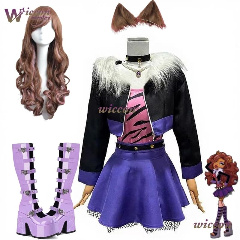 OHaYo Clawdeenn Monster Wolf Girl Costume Cosplay Parrucca Orecchie Abito Gioco di ruolo Parrucca uniforme Viola Hallowen Donna Sexy Gioco di ruolo Boot