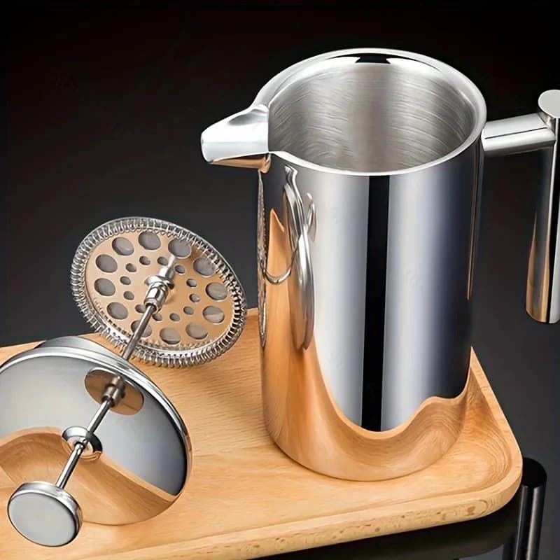Thermal Insulated with Wooden Handle & Serving Spout, Elegant 350ml Stainless Steel French Press Coffee Maker - Double-Walled