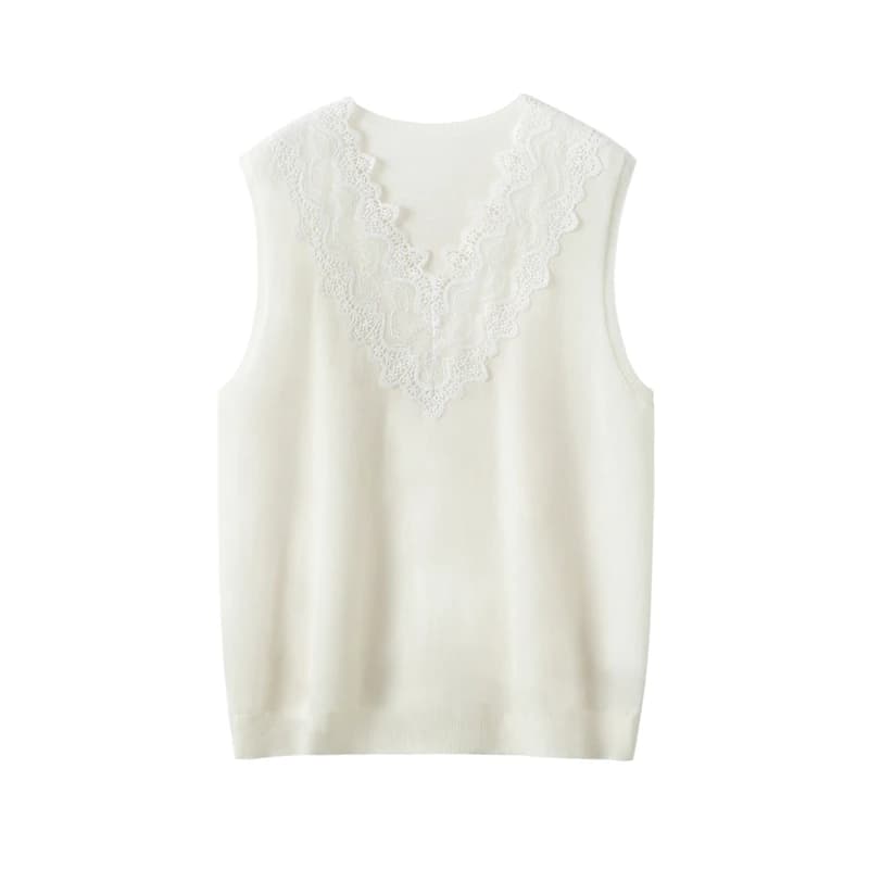 WinvyNee Women Knit Waistcoat Fine Pure Wool V Neck Lace Wavy Edge Elegant Layered Airy Pastel Street Slim Modern Tops ZC1827008