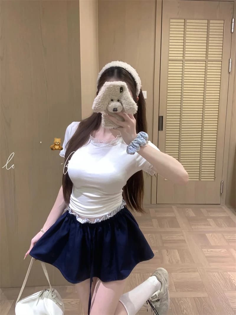 Kumikumi Pure Desire Color Lace Trim round Neck T-Shirt Women's Summer Anti-Aging High Waist A-Line Skirt Two-Piece Set