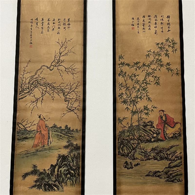Chinese Ancient Paper Calligraphy & Painting Scrolls Set - Four Pairs of Renowned Murals including Four wise men