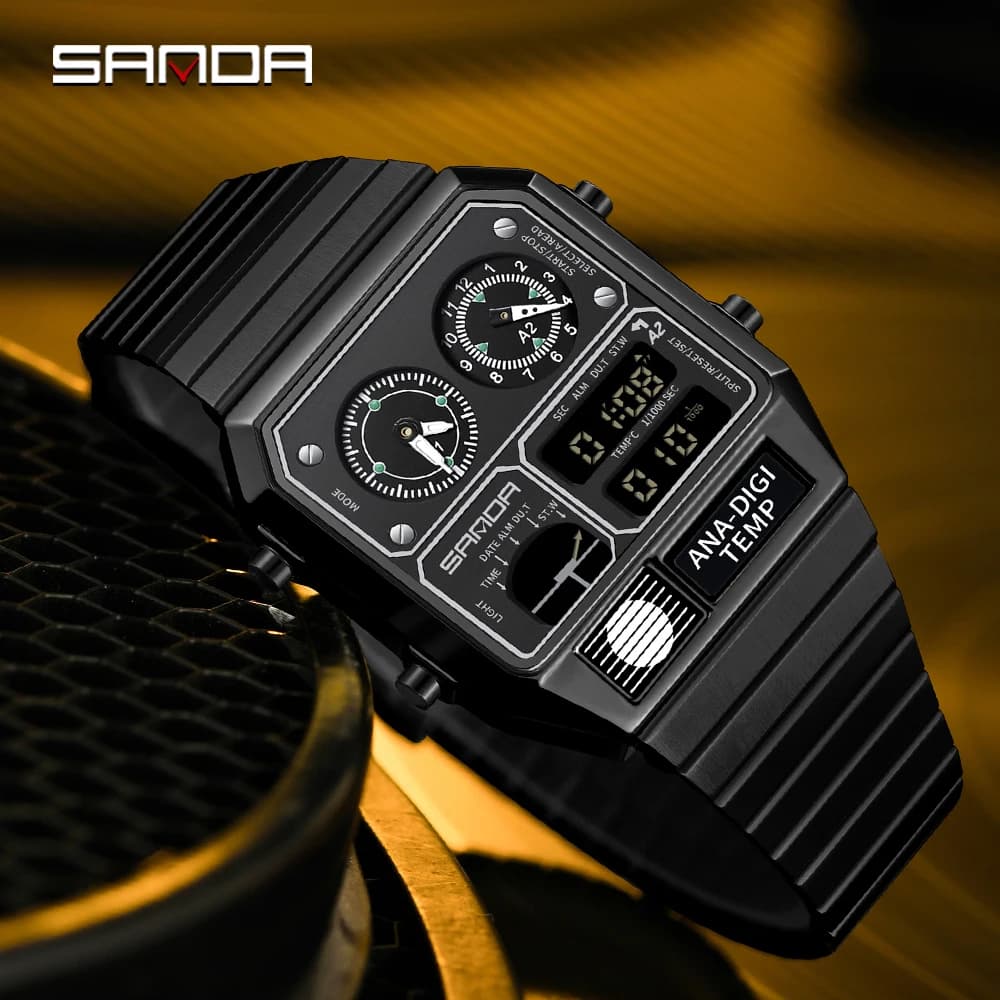 SANDA 3192 Fashion Unisex Watch LED Electronic Square Youth Casual Multi-function Thermometer Stopwatch Chronograph Men's Watch