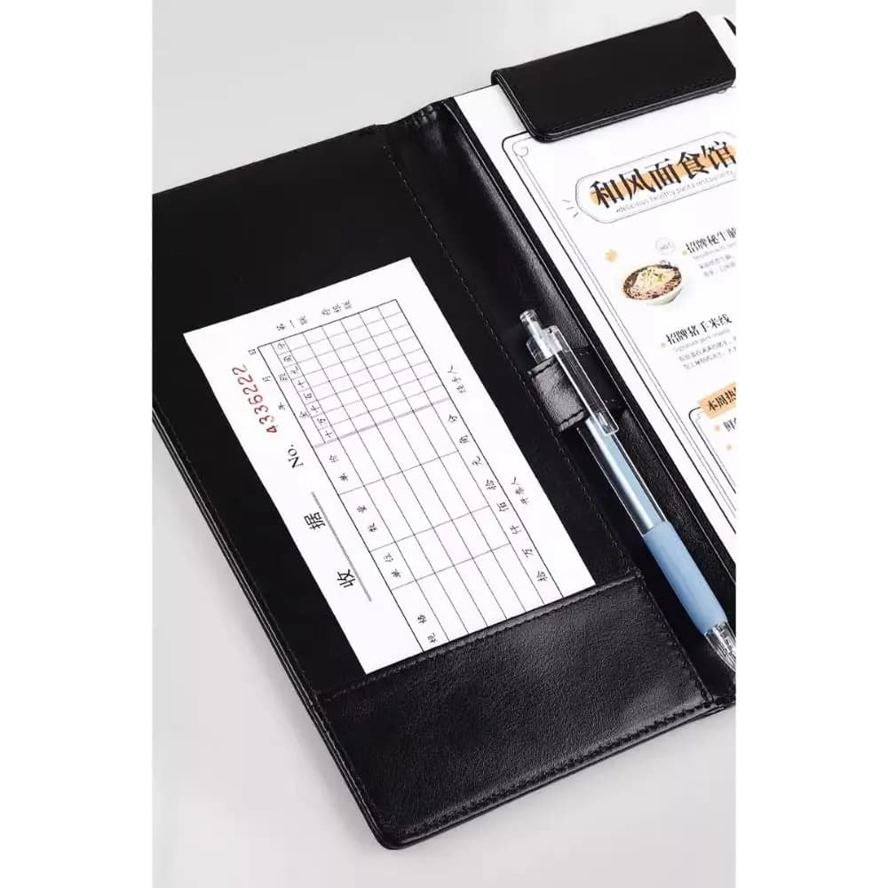 Cartella portadocumenti A6 in pelle PU con inserto per penna Slot per archiviazione Incontro d'affari Morsetto per contratto Blocco note impermeabile Ristorante