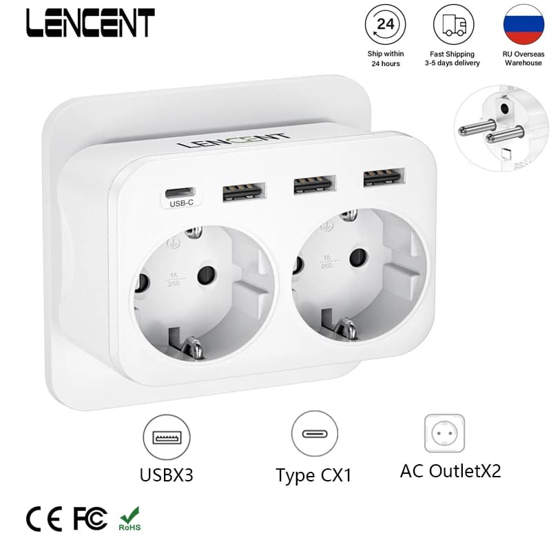 LENCENT Prolunga per presa a muro UE con prese 2AC 3 porte USB 1 tipo C Adattatore per presa multipla Protezione da sovraccarico per casa/ufficio