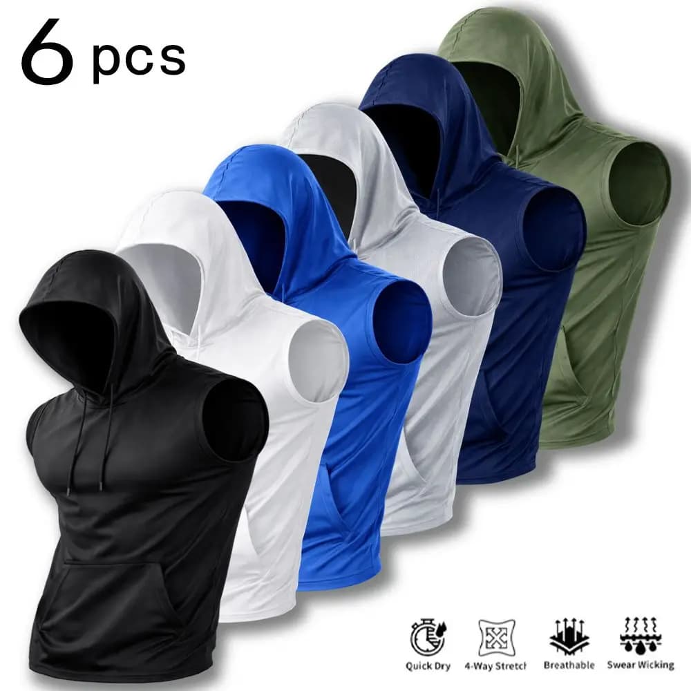 6Pcs Men Sleeveless Hooded Tank Tops Quick Dry Athletic Hoodie Vest Drawstring Pocket Gym Running Workout Sleeveless Shirts