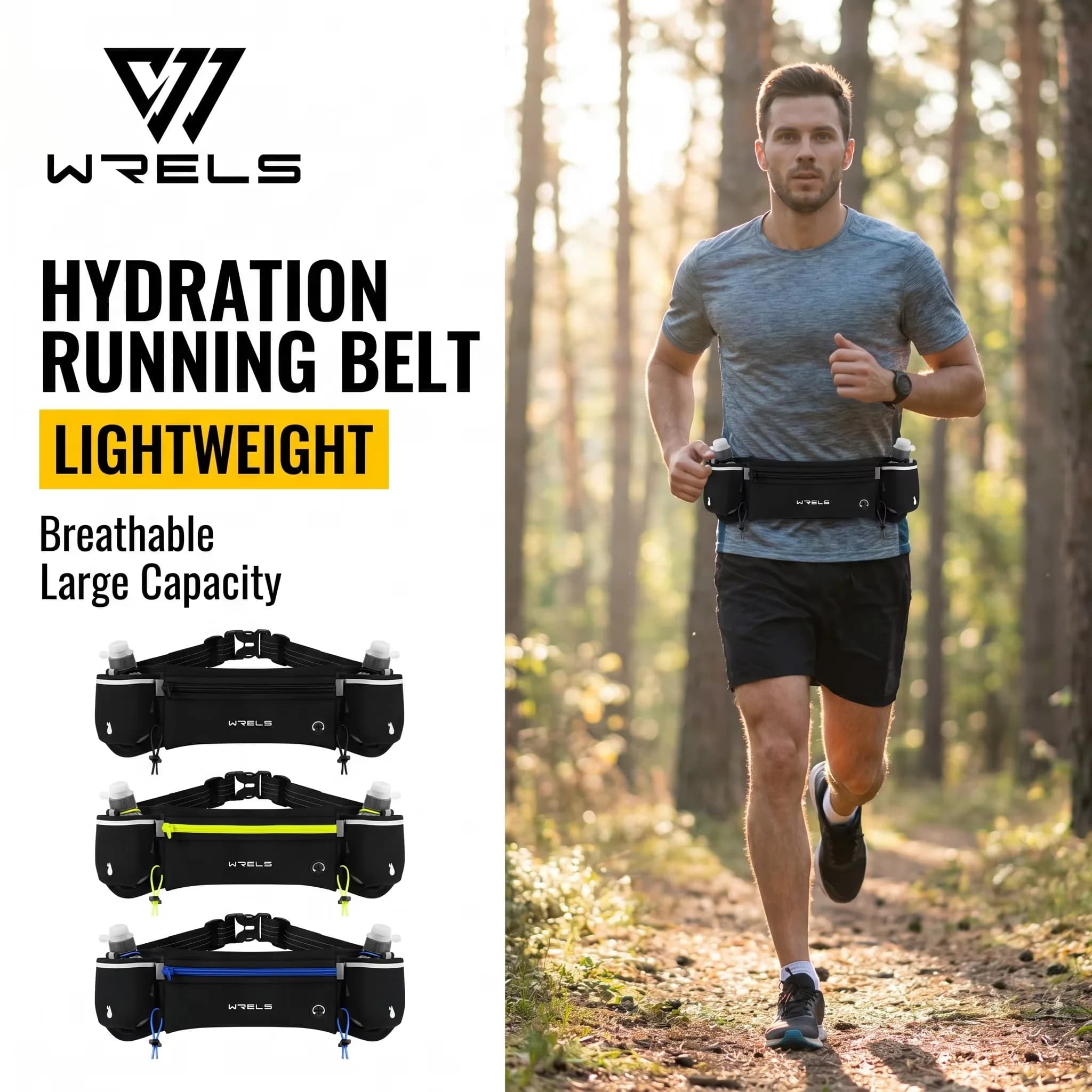 WRELS Waist Pack Breathable Hydration Running Belt Large Capacity Reflective Bottle Holder Bib Number Fanny Pack Marathon Belt