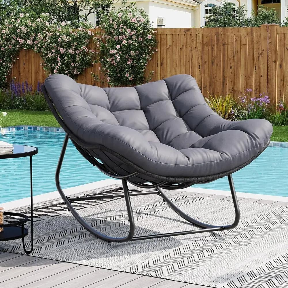 Outdoor Rocking Chair, Oversized Papasan Chair with Cushion | Metal & PE Rattan e, 400LS acity, Ideal or Patio, Garden or Living