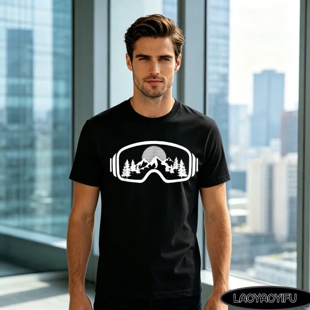 Pure Cotton Men Short Sleeve Tee Ski Goggle Mountain Pine Tree Sunset Line Print Crew Neck Winter Sport Gift Top