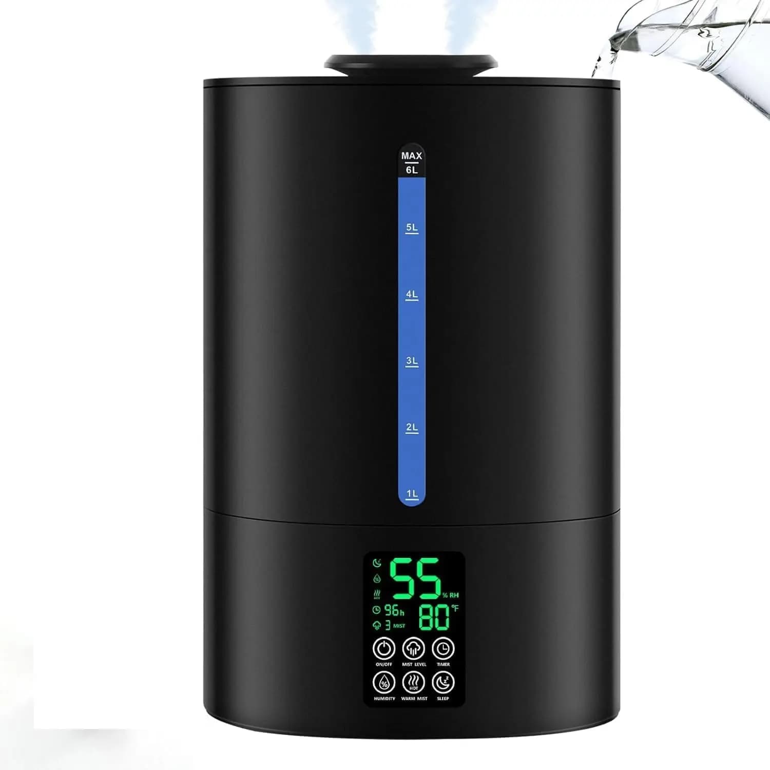 Umidificatore a ultrasuoni da 6 litri con nebbia calda e fredda, design con riempimento dall'alto, 360° ° Ugello per ambienti di grandi dimensioni