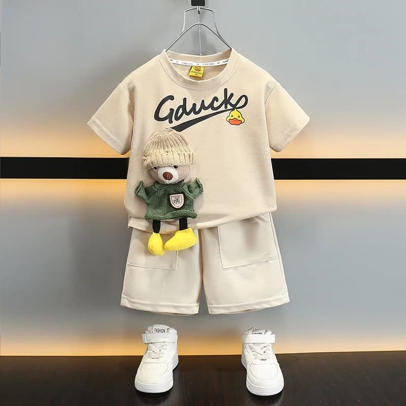 Elegante completo estivo per ragazzi, t-shirt a maniche corte e pantaloni lunghi, abbigliamento trendy per neonati, abbigliamento sportivo casual, moda per adolescenti